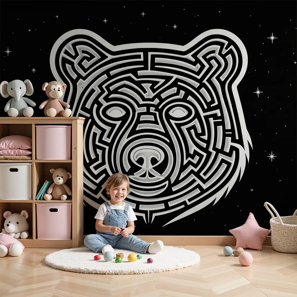 Papel de parede crianç | Urso labirinto em fundo estrelado
