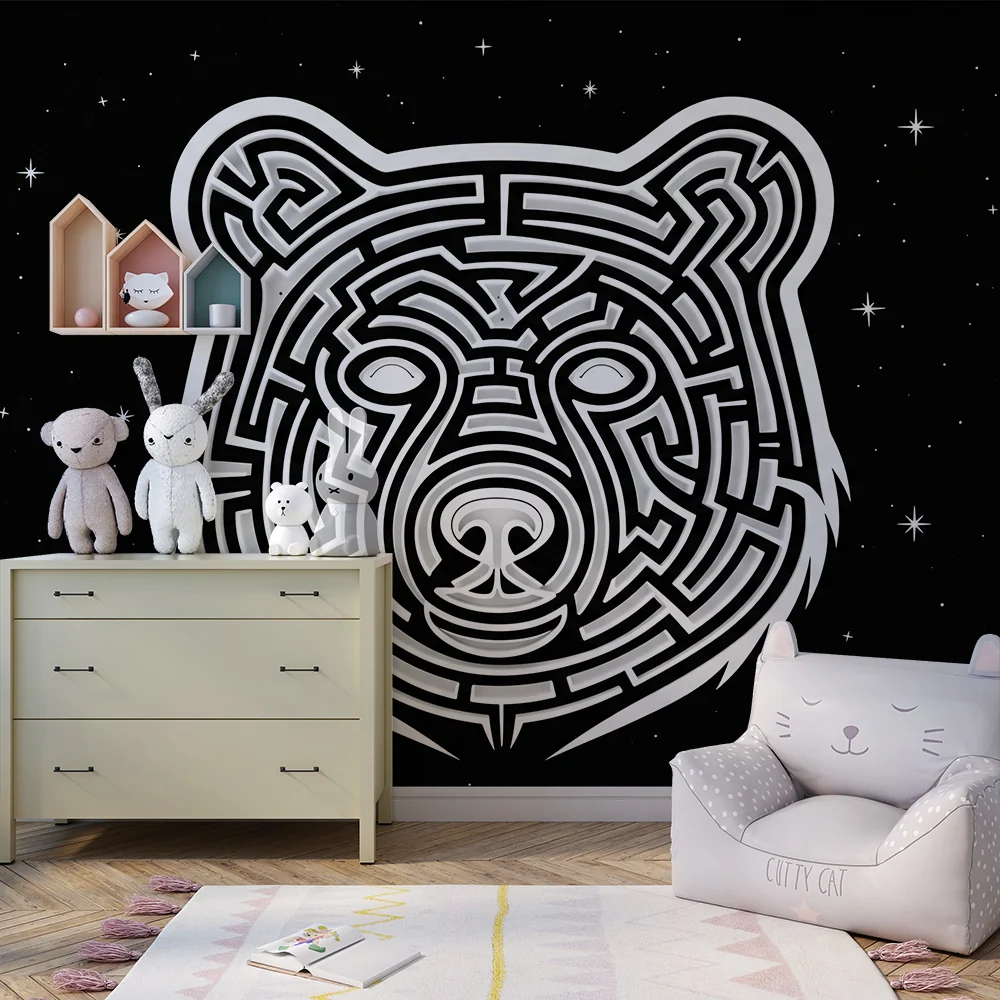 Papel de parede crianç | Urso labirinto em fundo estrelado