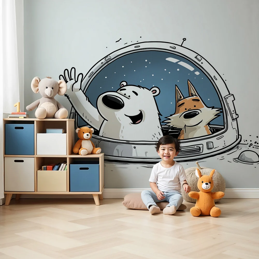 Papel de parede crianç | Urso polar e raposa em aventura espacial
