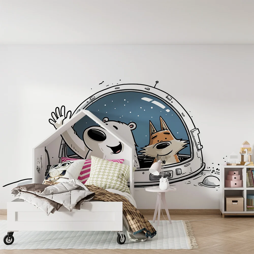 Papel de parede crianç | Urso polar e raposa em aventura espacial
