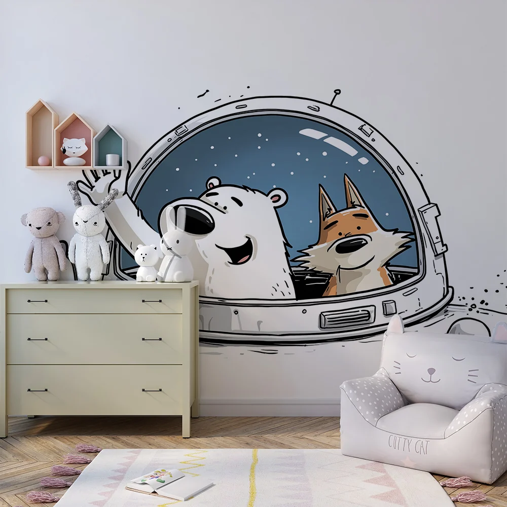 Papel de parede crianç | Urso polar e raposa em aventura espacial