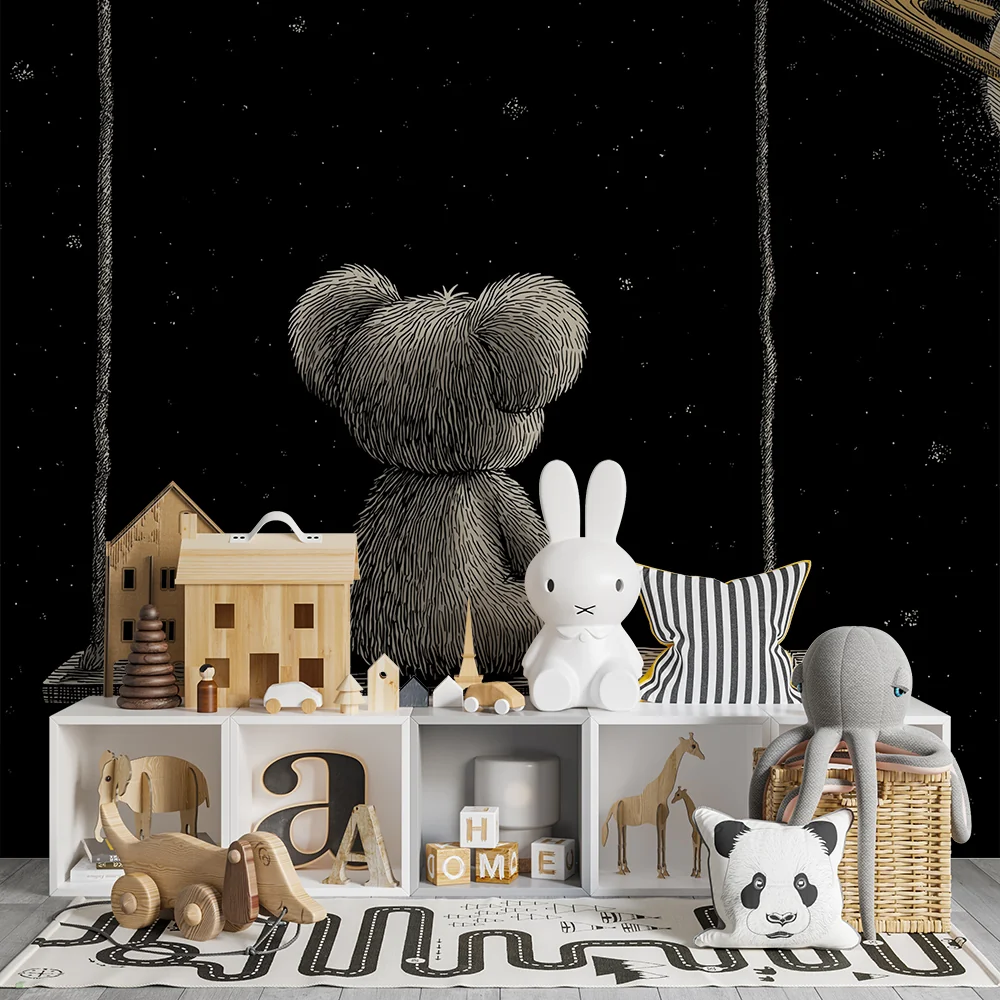Papel de parede crianç | Urso sonhador sob as estrelas com Saturno ao fundo