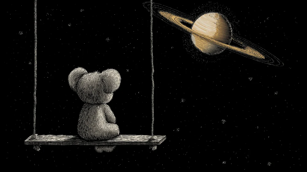 Papel de parede crianç | Urso sonhador sob as estrelas com Saturno ao fundo