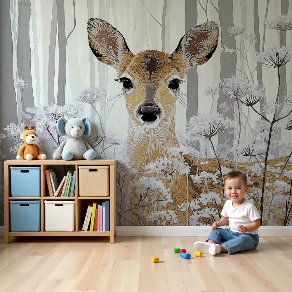 Papel de parede crianç | Veado em uma paisagem floral