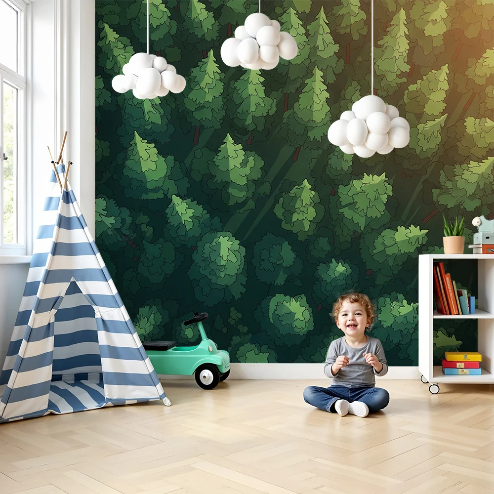 Papel de parede crianç | Verdejante floresta com árvores majestosas