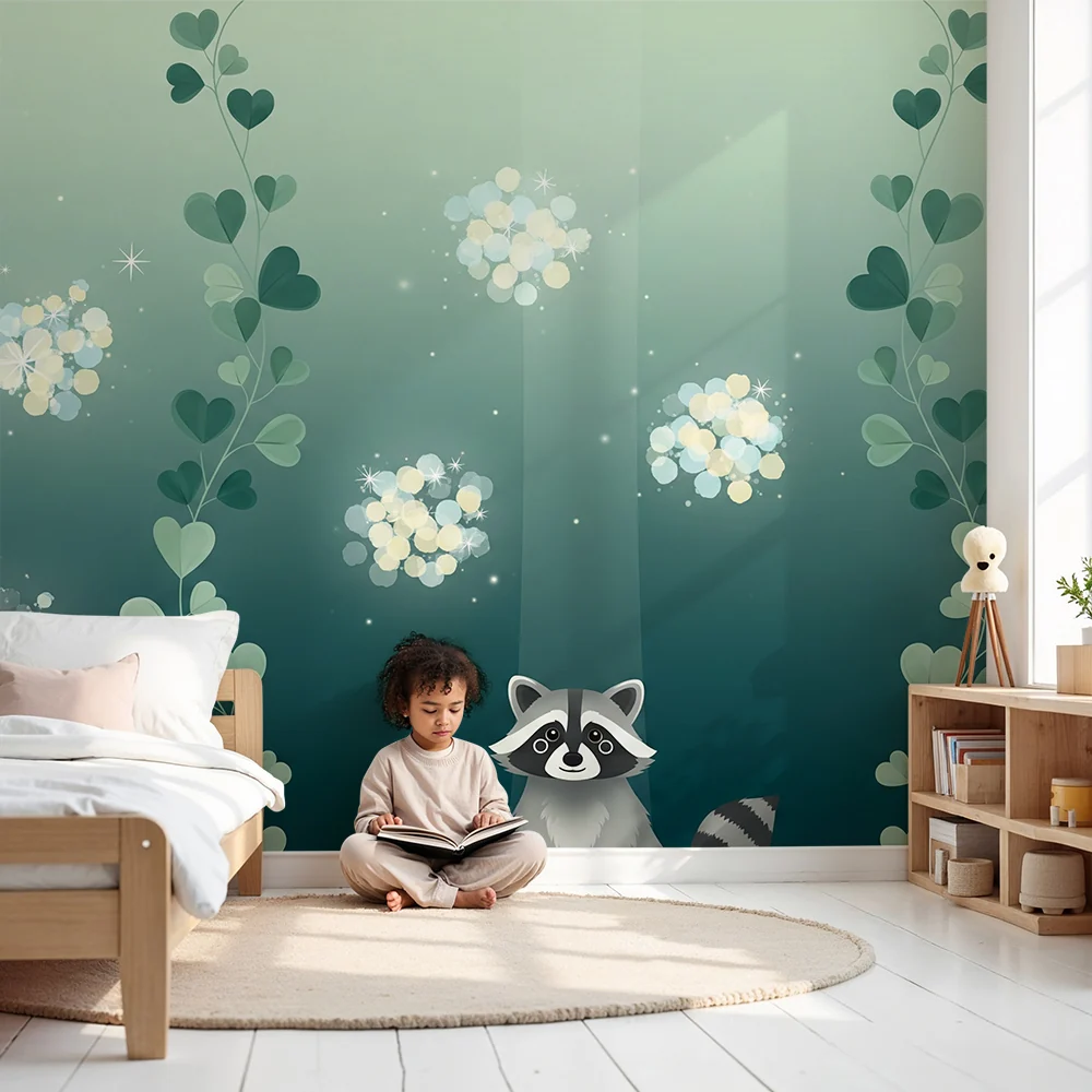 Papel de parede crianç | Waschbär inmitten von herzförmigen Blättern und glitzernden Blumen