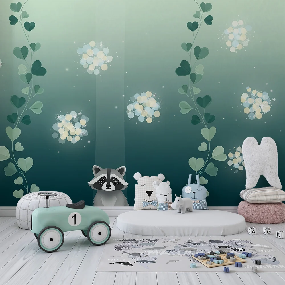Papel de parede crianç | Waschbär inmitten von herzförmigen Blättern und glitzernden Blumen