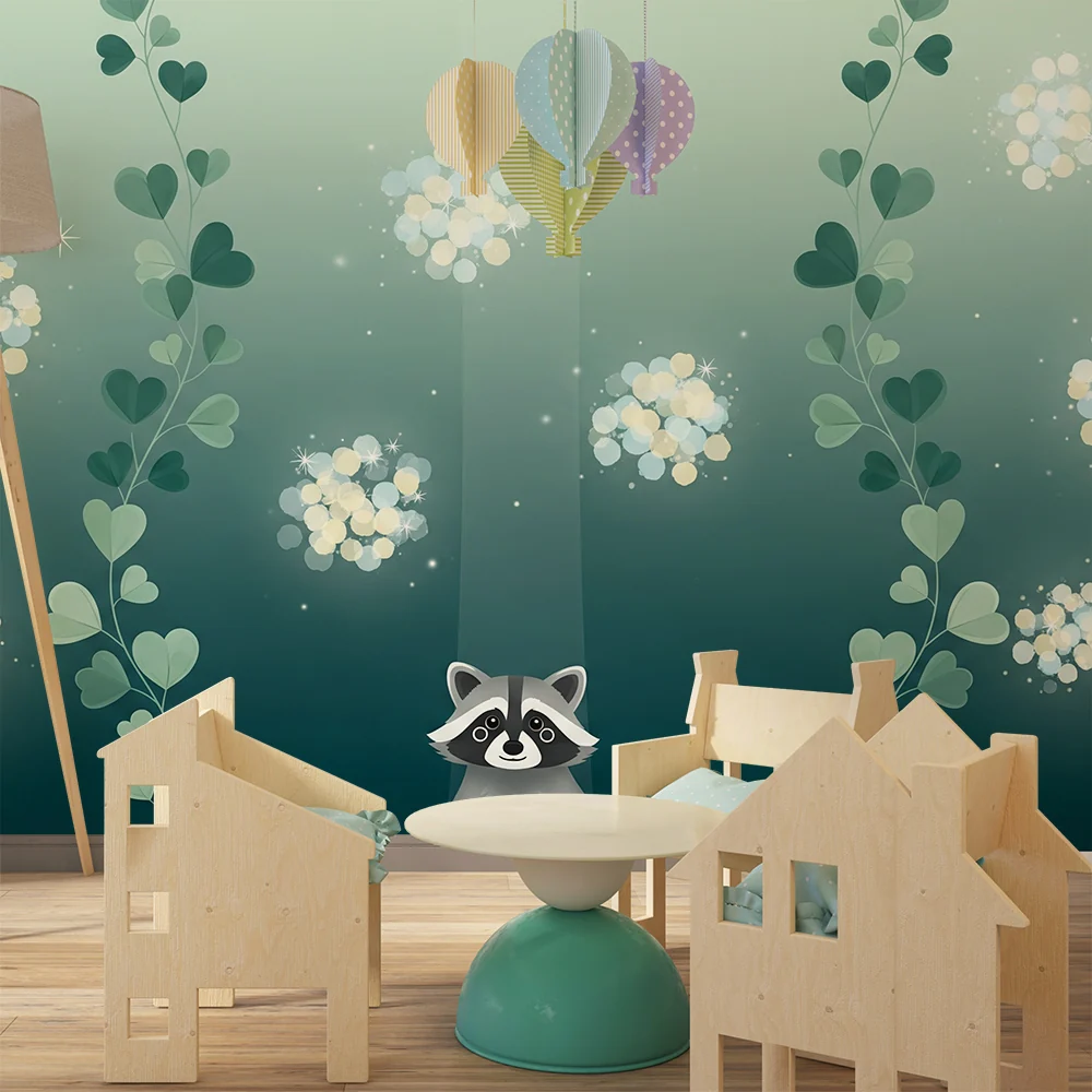 Papel de parede crianç | Waschbär inmitten von herzförmigen Blättern und glitzernden Blumen