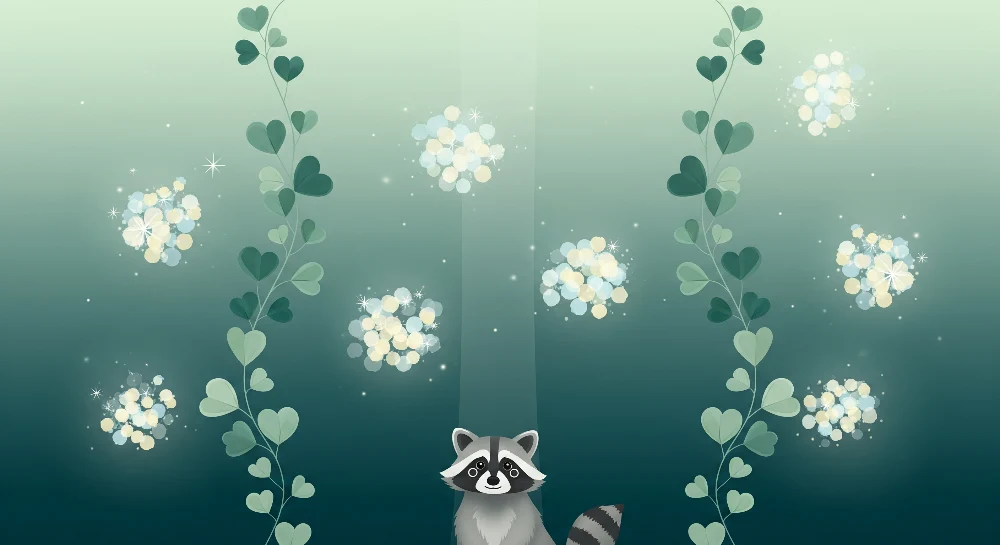 Papel de parede crianç | Waschbär inmitten von herzförmigen Blättern und glitzernden Blumen