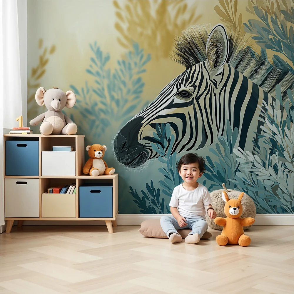 Papel de parede crianç | Zebra elegante entre folhagens suaves