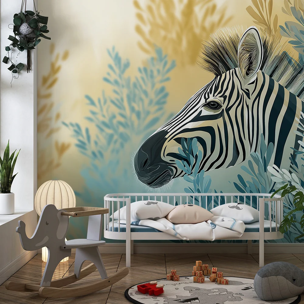 Papel de parede crianç | Zebra elegante entre folhagens suaves