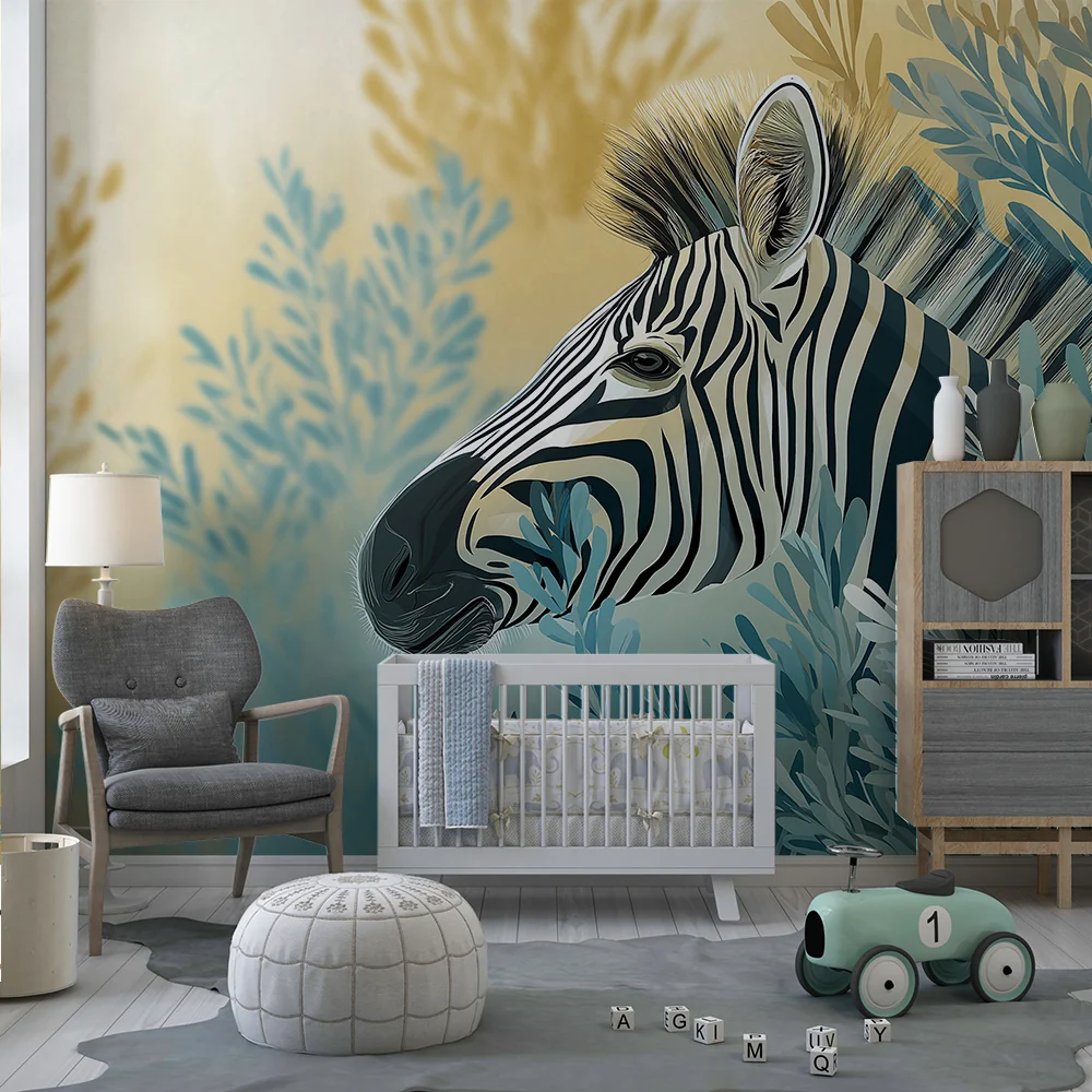 Papel de parede crianç | Zebra elegante entre folhagens suaves