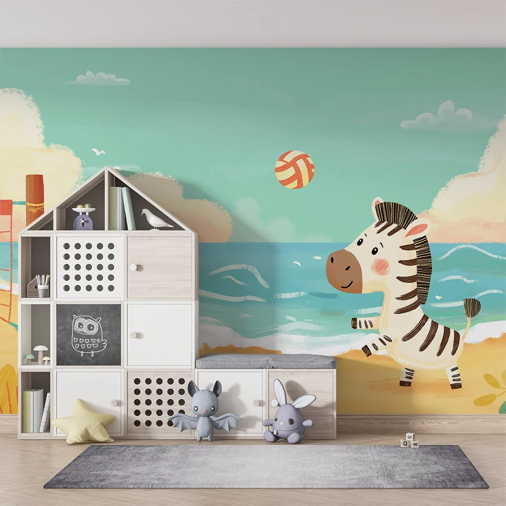 Papel de parede crianç | Zebra jogador de vôlei na praia ensolarada