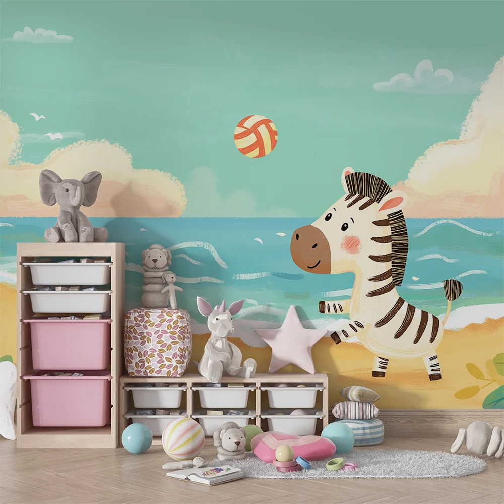 Papel de parede crianç | Zebra jogador de vôlei na praia ensolarada
