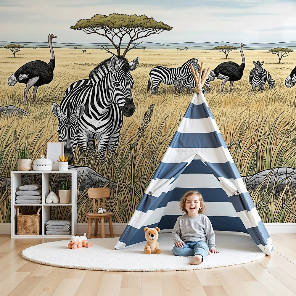 Papel de parede crianç | Zebras e avestruzes na savana dourada