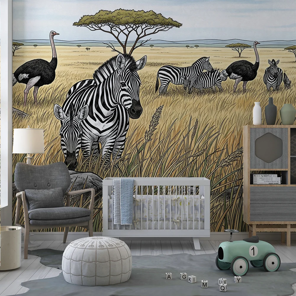 Papel de parede crianç | Zebras e avestruzes na savana dourada