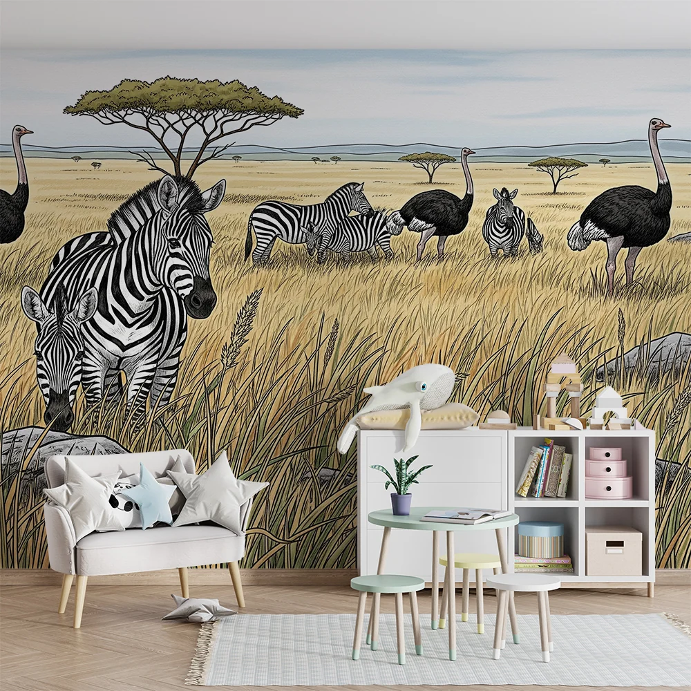 Papel de parede crianç | Zebras e avestruzes na savana dourada