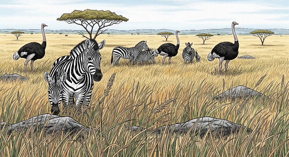 Papel de parede crianç | Zebras e avestruzes na savana dourada