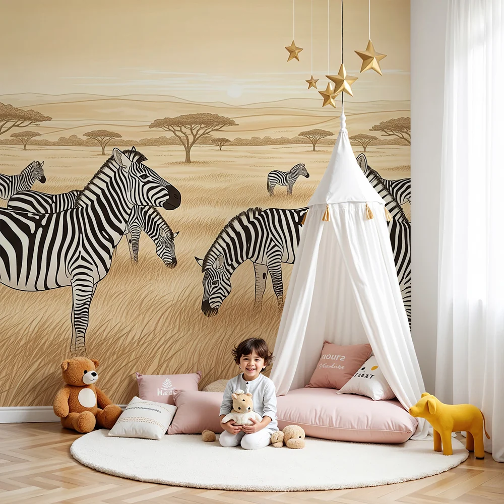 Papel de parede crianç | Zebras na savana ao pôr do sol