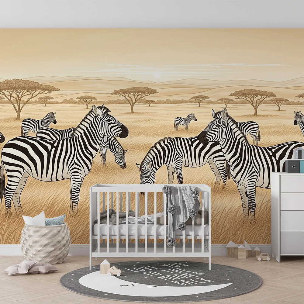 Papel de parede crianç | Zebras na savana ao pôr do sol