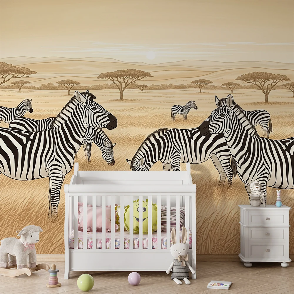 Papel de parede crianç | Zebras na savana ao pôr do sol