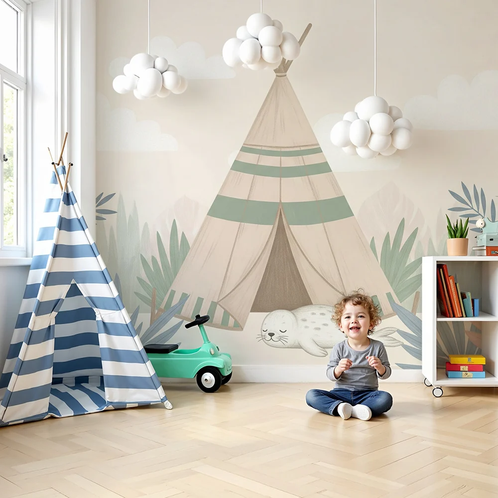Papel de parede quarto bebê | Палатка и сънуваща фока в природата