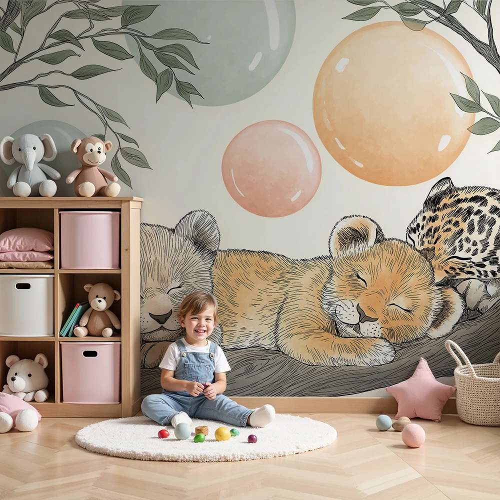 Papel de parede quarto bebê | Заспали животни на клон с цветни мехури