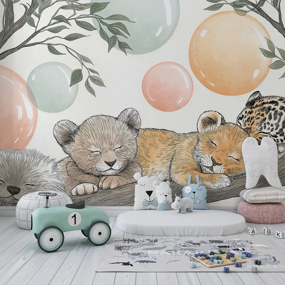 Papel de parede quarto bebê | Заспали животни на клон с цветни мехури