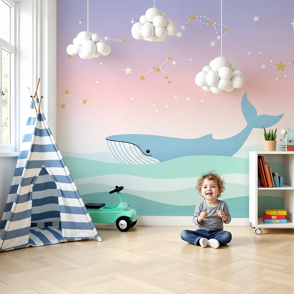 Papel de parede quarto bebê | Кит плува под звездно небе