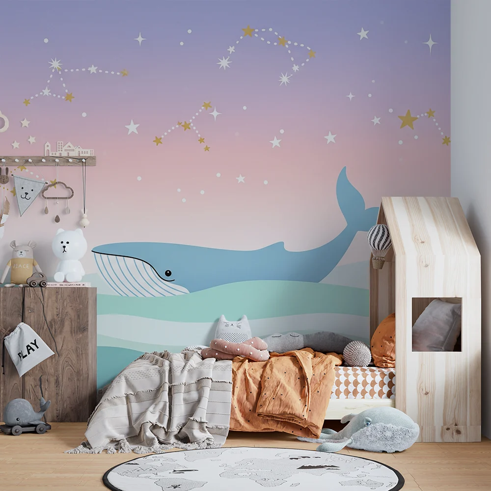 Papel de parede quarto bebê | Кит плува под звездно небе