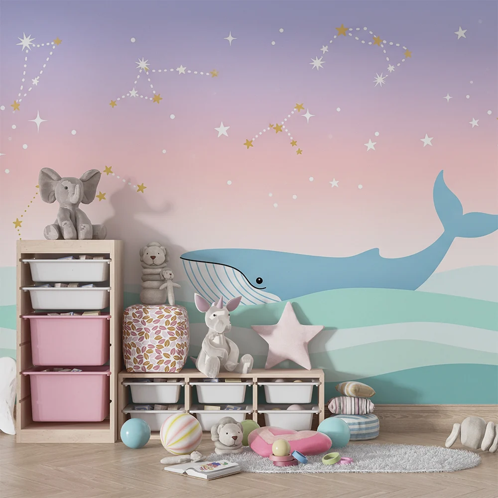 Papel de parede quarto bebê | Кит плува под звездно небе