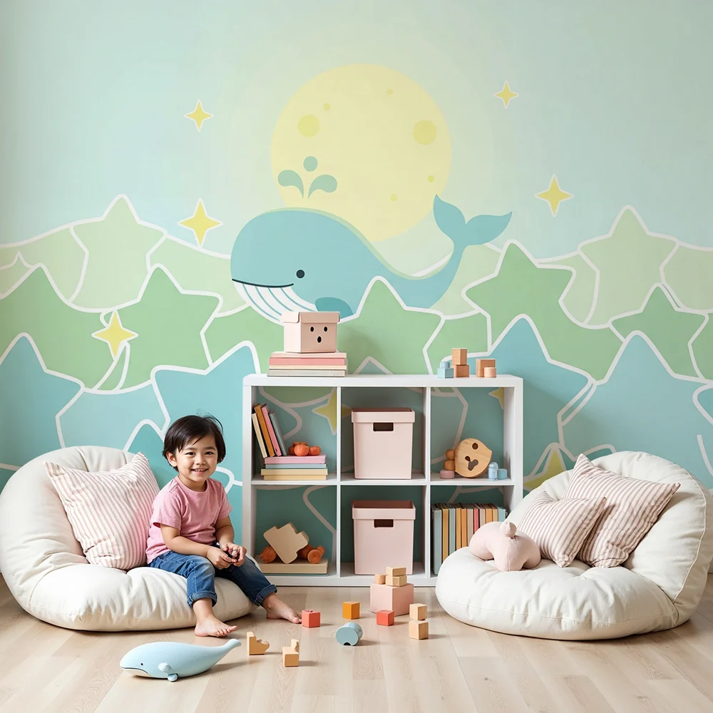 Papel de parede quarto bebê | Весела китка и блестящи звезди в успокояващ океан