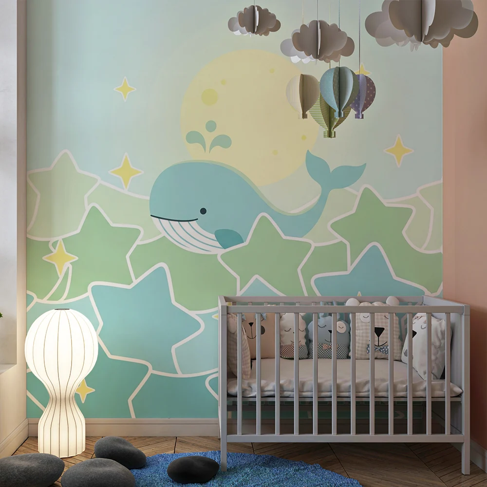 Papel de parede quarto bebê | Весела китка и блестящи звезди в успокояващ океан