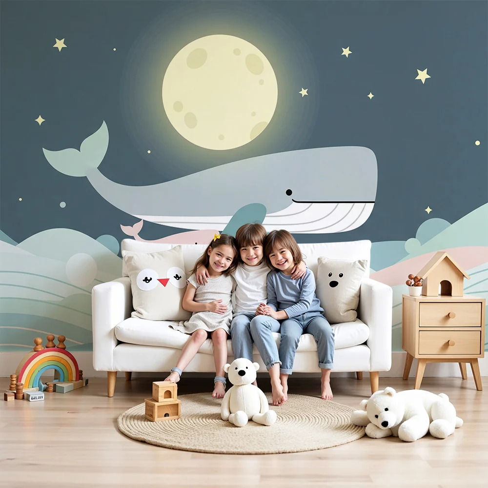 Papel de parede quarto bebê | Кит и малкото му под звездно небе