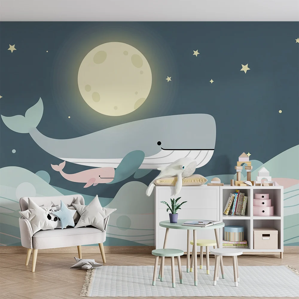 Papel de parede quarto bebê | Кит и малкото му под звездно небе