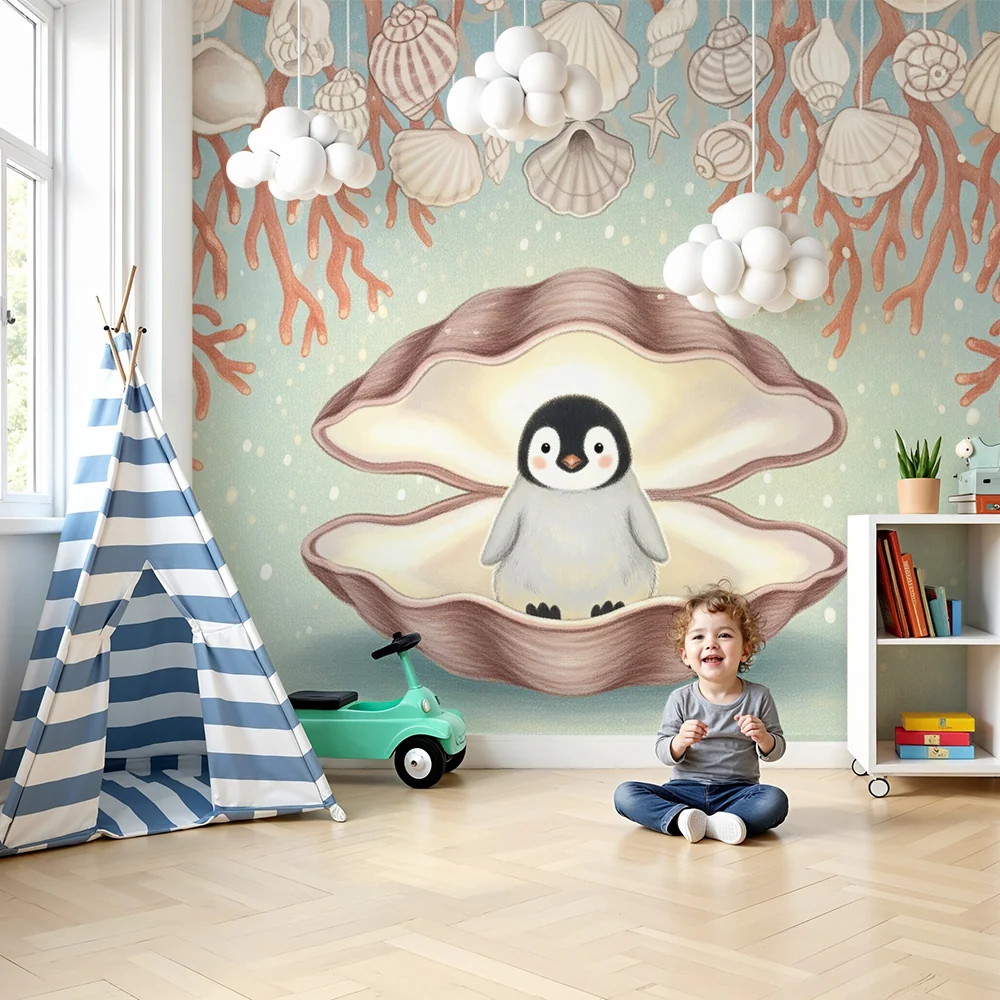 Papel de parede quarto bebê | Пингвин в черупка и морски декор