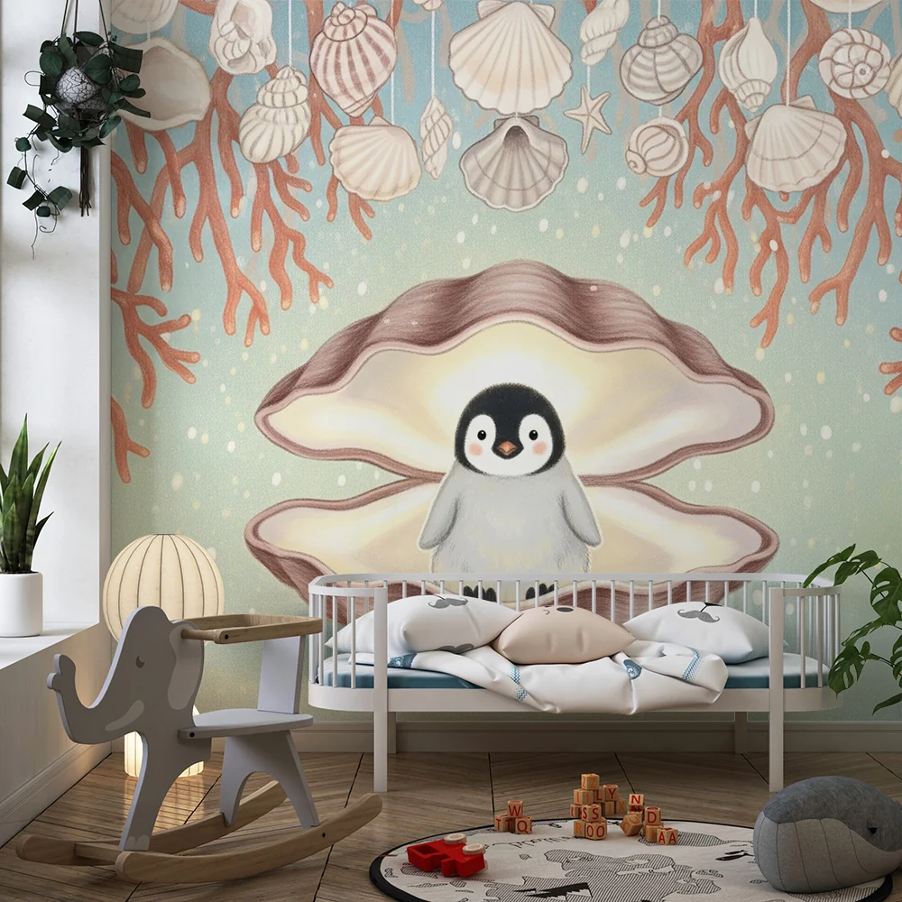 Papel de parede quarto bebê | Пингвин в черупка и морски декор