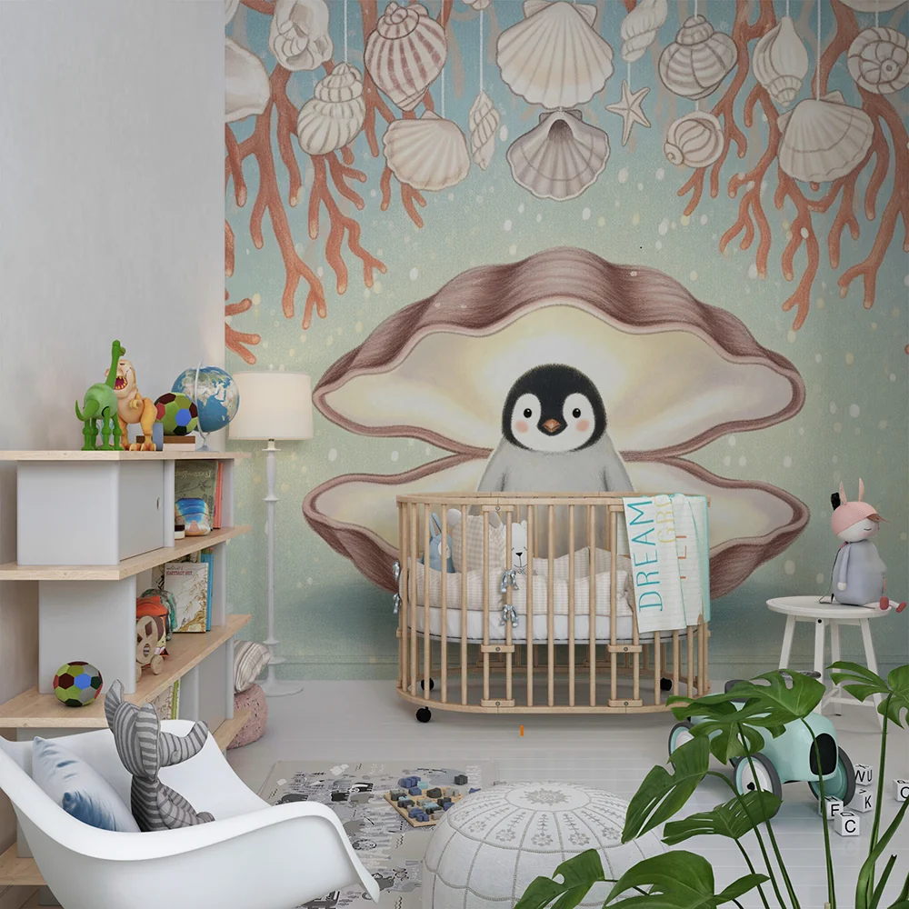 Papel de parede quarto bebê | Пингвин в черупка и морски декор
