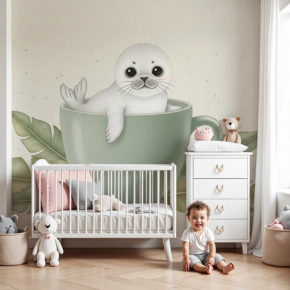 Papel de parede quarto bebê | Симпатичен тюлен във чаша