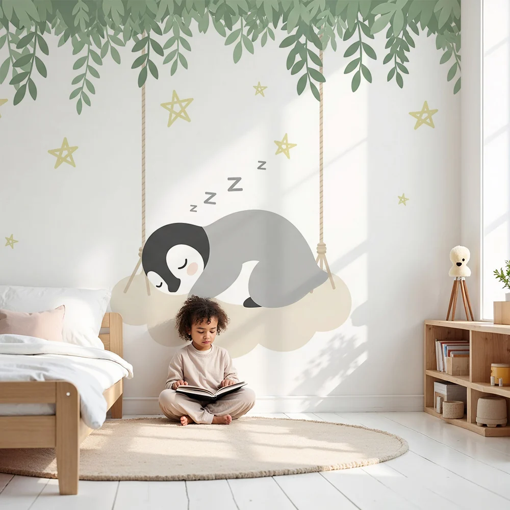 Papel de parede quarto bebê | Спящ пингвин на бежов облак