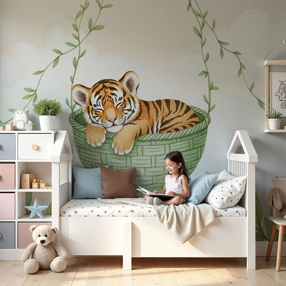 Papel de parede quarto bebê | Малък заспал тигър в кошарата си
