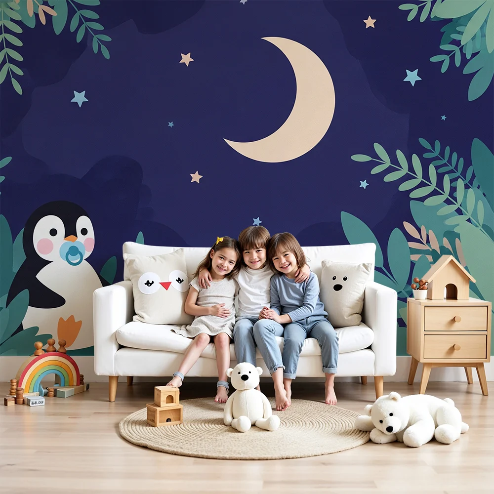 Papel de parede quarto bebê | Малък пингвин под звездите