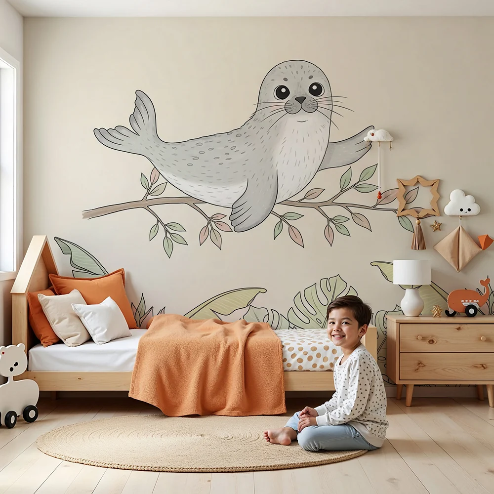 Papel de parede quarto bebê | Щастлив тюлен и тропическо листо
