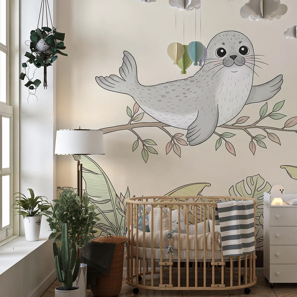 Papel de parede quarto bebê | Щастлив тюлен и тропическо листо