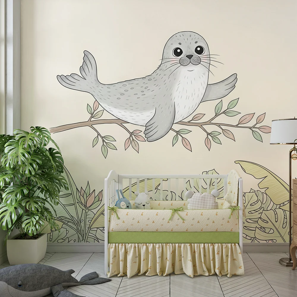 Papel de parede quarto bebê | Щастлив тюлен и тропическо листо