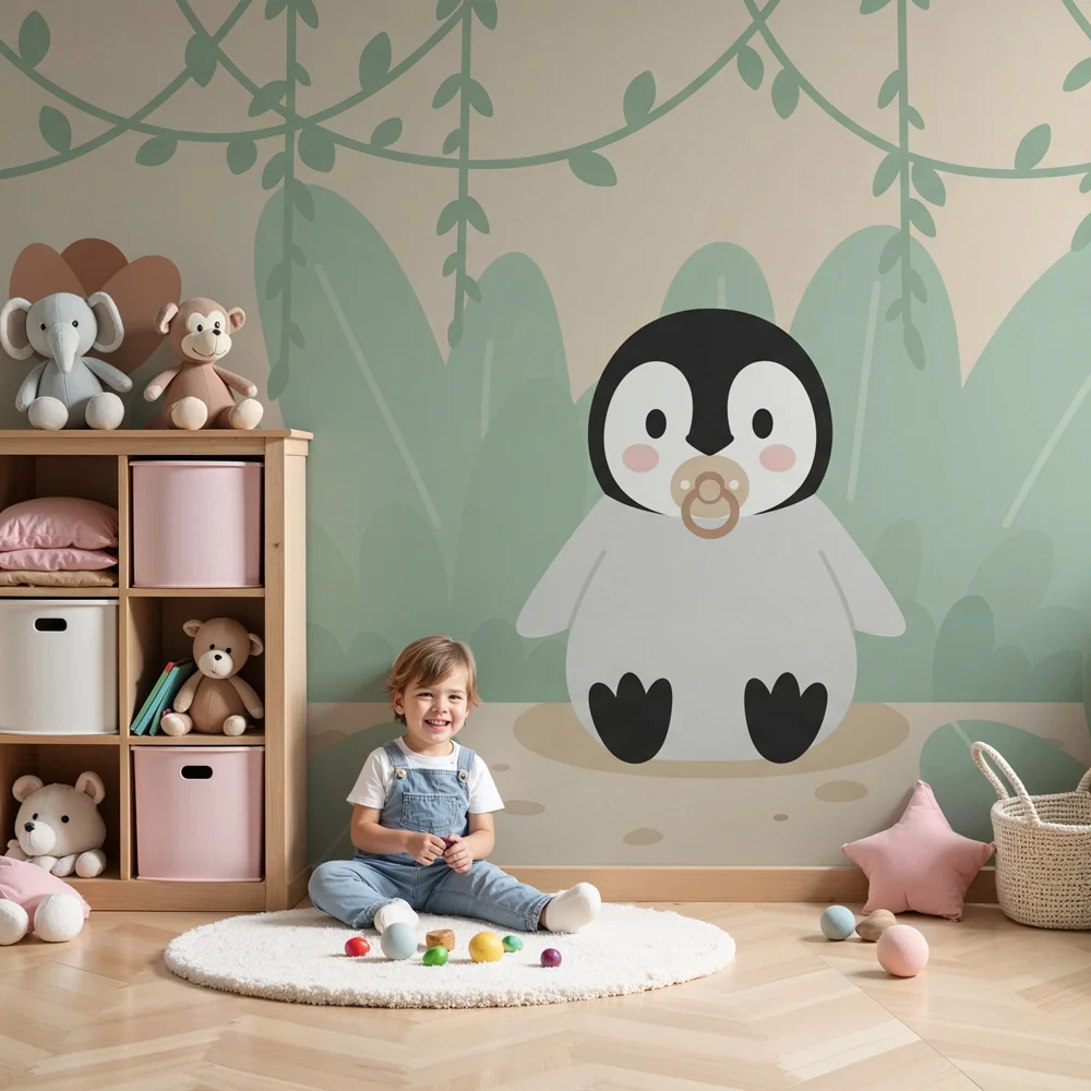 Papel de parede quarto bebê | Малък пингвин в цветна градина