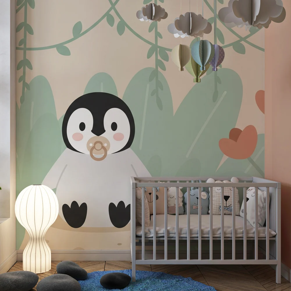 Papel de parede quarto bebê | Малък пингвин в цветна градина