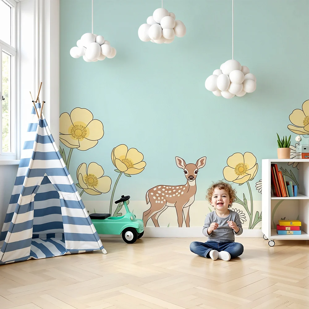 Papel de parede quarto bebê | Елен в средата на жълти и бели цветя