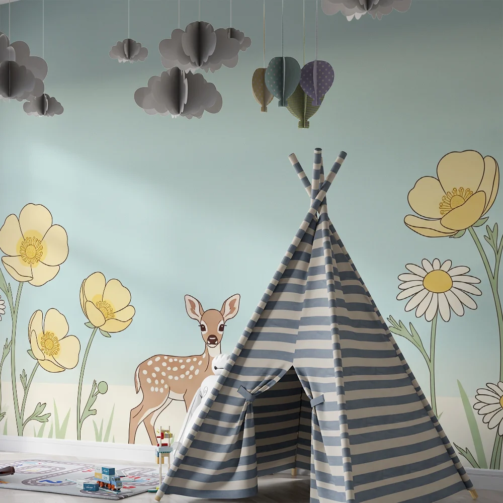 Papel de parede quarto bebê | Елен в средата на жълти и бели цветя