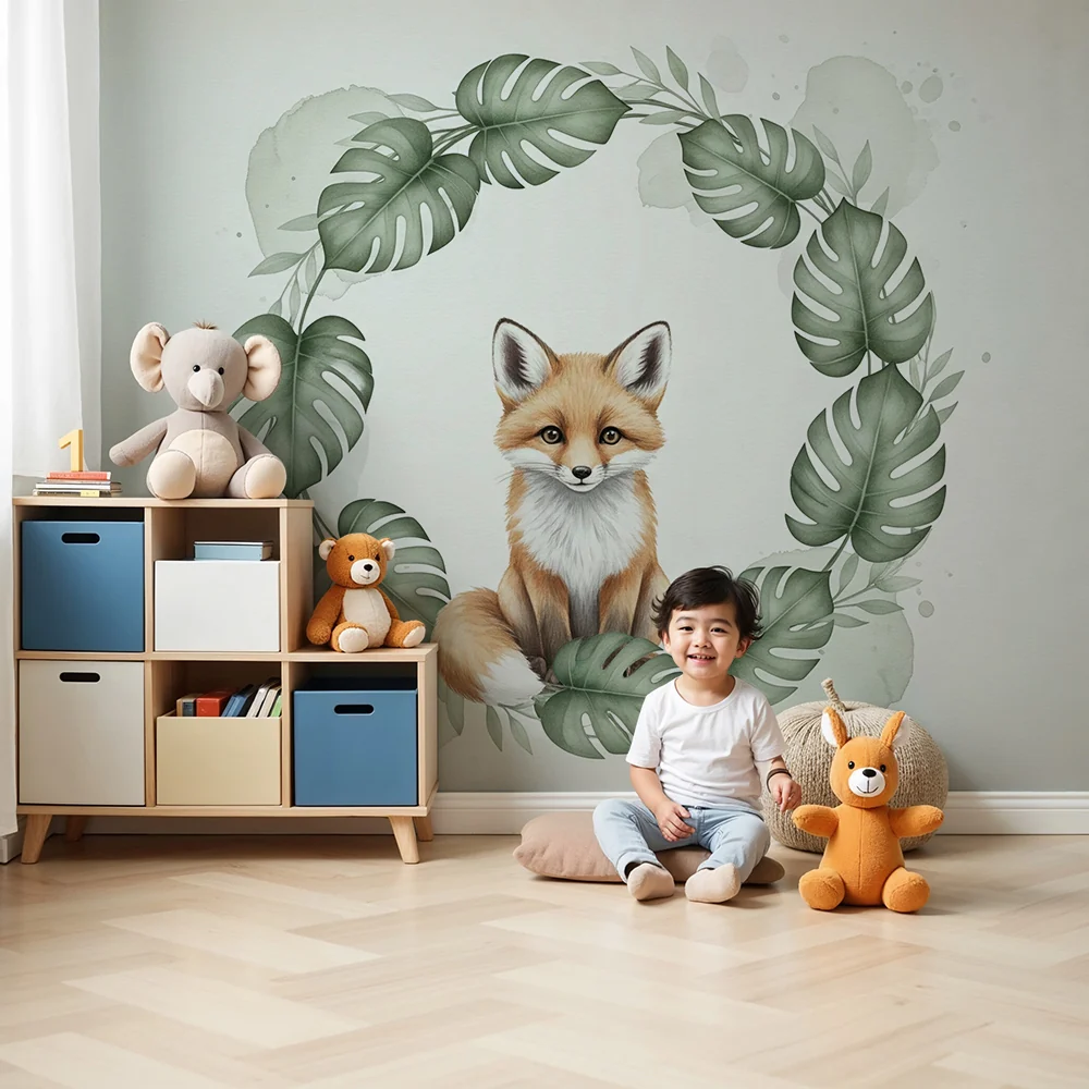 Papel de parede quarto bebê | Симпатична лисица, заобиколена от тропическо листва